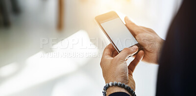 Buy stock photo Business man, hands and cellphone screen with social media and scroll on app with email. Text, employee and mobile networking with texting message of creative worker at company with web search