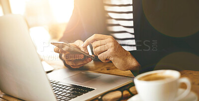 Buy stock photo Laptop, hands and man with phone in cafe for online email communication for business review. Freelancer, coffee and male hr with computer and cellphone for reading company policy with remote work.