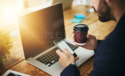 Buy stock photo Coffee, phone and laptop with business man hands at coworking office with blank screen for social media break. Morning, web designer and creative job with latte and scroll at desk with design work