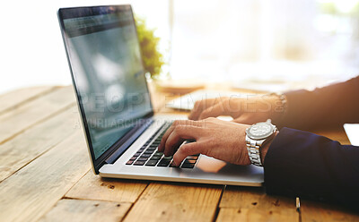 Buy stock photo Hands, laptop and typing in office at desk for crypto, trading on stock market with financial. Computer, person and working at table for blockchain technology, internet communication for business