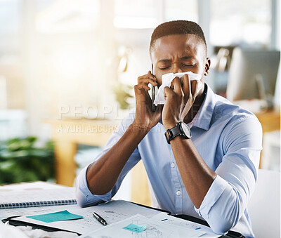 Buy stock photo Man, phone call and sick in office with tissue for healthcare, flu infection or FLiRT Covid. Male person, working and virus with nose cloth for bacteria, employee with allergy on mobile for medical