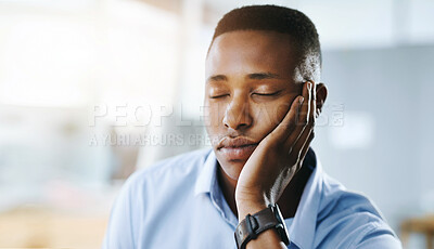 Buy stock photo Sleeping, face and tired businessman in office overwhelmed by deadlines with fatigue or burnout. Lazy worker, depressed consultant or exhausted professional resting or taking nap on hand with stress