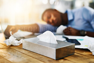 Buy stock photo Sleep, sick and man on desk with flu virus, allergy and sinusitis or fatigue by laptop with tissues. Overworked, tired and person with illness for rest, burnout and recovery in office with symptoms