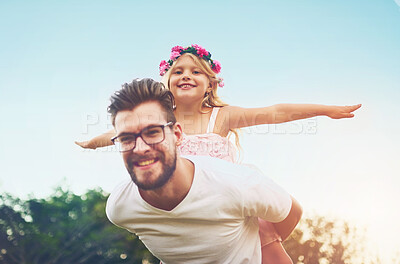 Buy stock photo Father, portrait and piggyback daughter outdoor with happiness for summer or holiday as family. Man, girl and airplane on back in garden with fun for freedom, love and bonding together as superhero