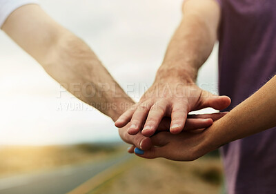 Buy stock photo Friendship, hands and together in nature for road trip, support or adventure in countryside. Travel, people and solidarity outdoors for bonding, freedom and tourism or journey in summer for vacation