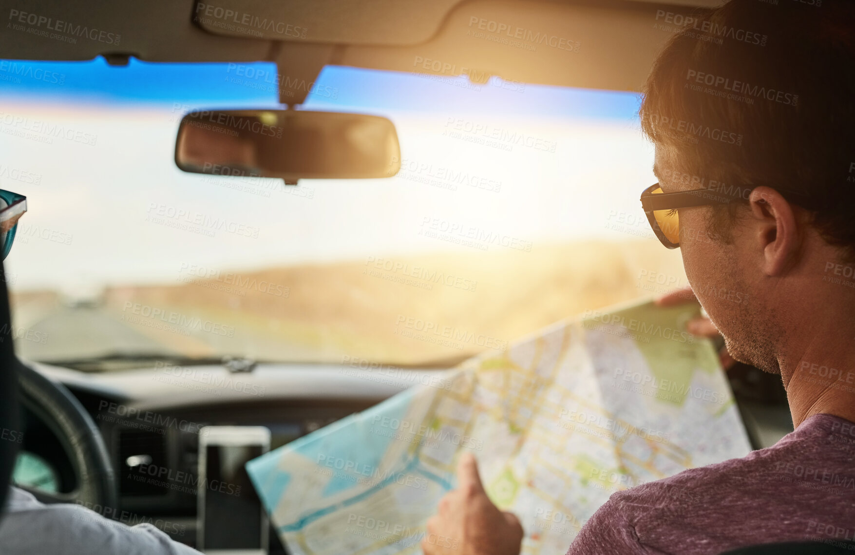 Buy stock photo Car, reading map and travel on road trip, vacation and planning holiday for navigation. Friends, people or direction guide in transport for journey, adventure and driving back to location destination