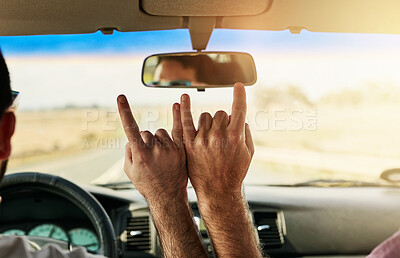 Buy stock photo Rock hands, friends and car with travel, adventure and road trip with getaway, sunshine and journey. Closeup, people and vehicle with vacation, horns and gesture for fun, sign and freedom with break