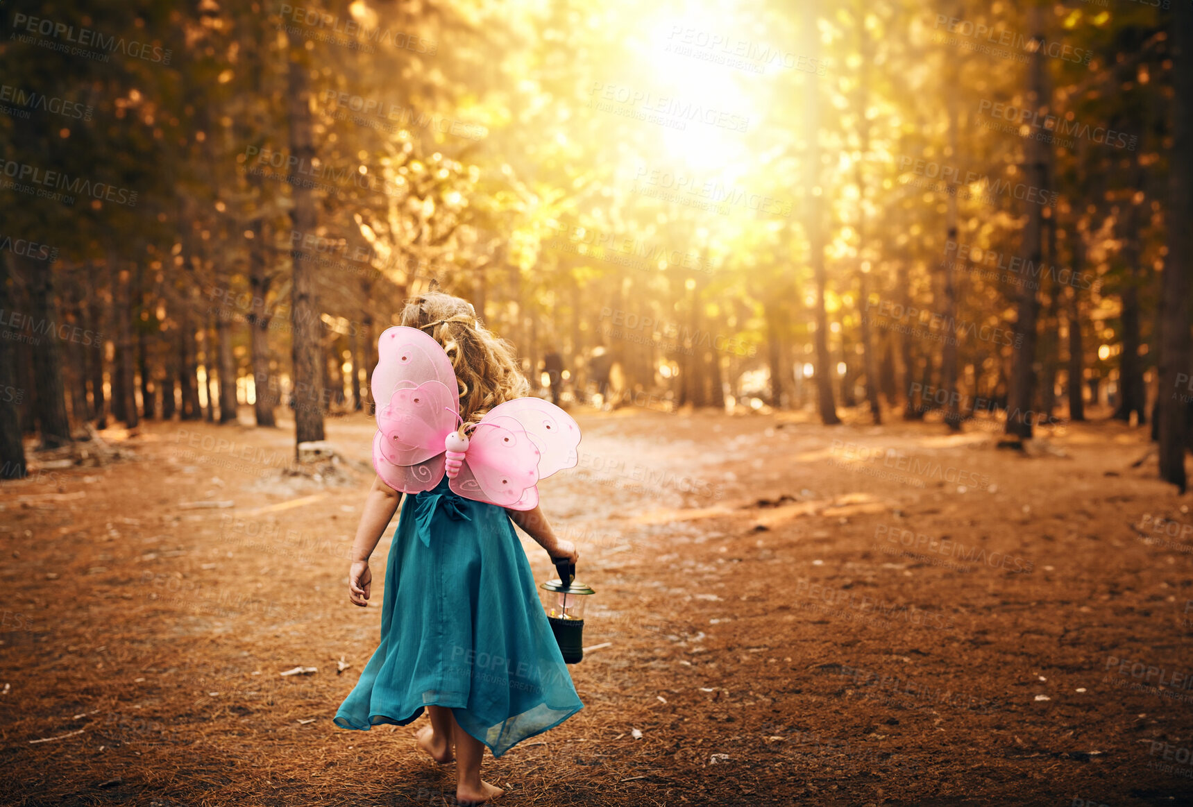 Buy stock photo Back, walking and child in forest, barefoot and wings of butterfly, basket and journey in morning. Fairytale, girl and travel in woods, trees and nature of California, summer and adventure of outdoor