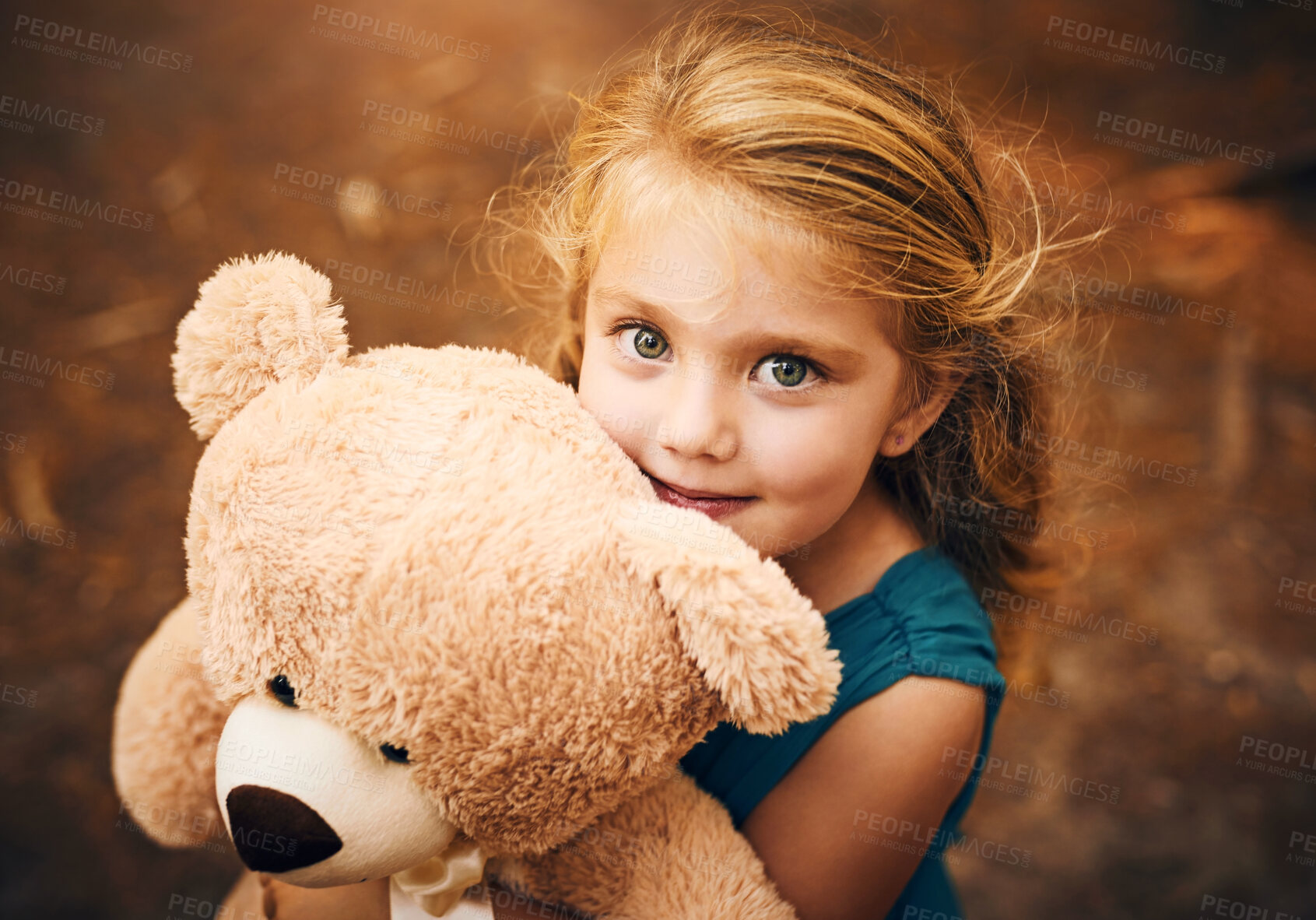 Buy stock photo Girl, outdoor and smile with teddy bear on portrait for fun, chill and relax or play for child development. Kid, toy and happy with joy in forest for growth to embrace, care and bonding for childhood