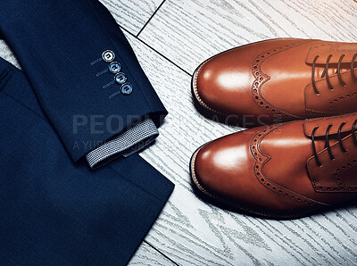 Buy stock photo Fashion, flat lay and outfit for business on wooden surface from above for start of professional career. Shoes, style and suit with corporate clothes in studio for employment, job or occupation