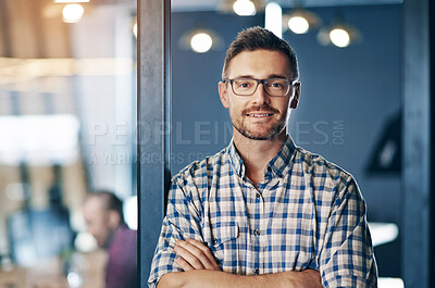 Buy stock photo Confident, business and man for portrait in office, designer and expert with commitment of creative project. Serious, male person and arms crossed with pride, idea and planning for startup agency