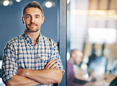 Buy stock photo Business, man and confident for portrait in office, designer and expert with commitment of creative project. Serious, male person and arms crossed with pride, idea and planning for startup agency