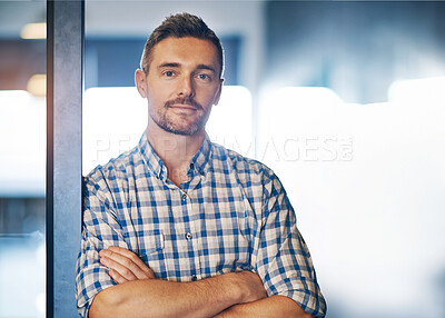 Buy stock photo Businessman, hr and arms crossed in portrait as employee in workplace for business, growth as recruitment manager. Male person, onboarding and confident for industry, company or corporate in office