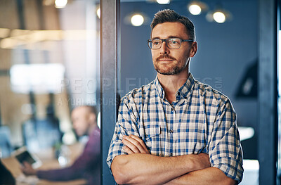 Buy stock photo Confident, business and thinking man in office with glasses for ideas, planning and insight for startup company . Male person, contemplating and arms crossed for brainstorming opportunity of project