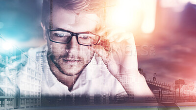 Buy stock photo City, double exposure and laptop with business man in office for design, planning or research. Computer, glasses and web development with confident employee at workplace in urban town for information