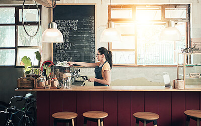Buy stock photo Barista, coffee shop and woman at cafe counter with waitress, working and machine for drink. Restaurant, employee and job with service, staff and espresso maker at small business with entrepreneur