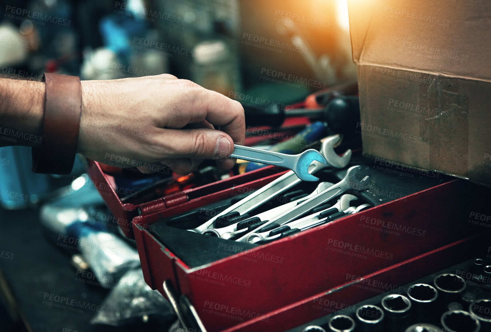 Buy stock photo Man, hand and tool box for repair, spanner and mechanic for maintenance service in garage. Male person, equipment and wrench for fixing gear or employee at small business, labor and auto workplace