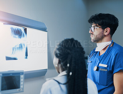 Buy stock photo Hospital, doctor and x ray examination with nurse, patient and people with inspection in radiology for healthcare. Radiologist, rib cage and diagnosis consultation, professional clinic and anatomy