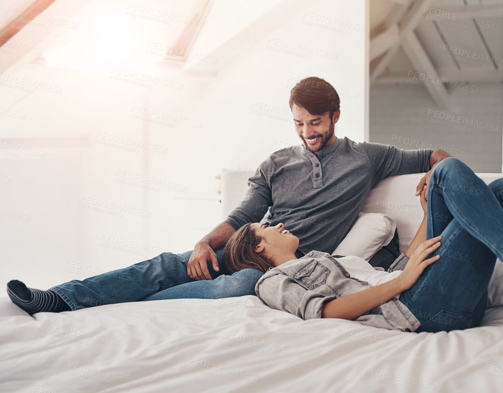 Buy stock photo Calm, couple and holding hands on bed at morning with love, bonding and care together in a home with smile. Commitment, marriage and romance of happy people in a bedroom with support and mockup