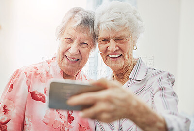 Buy stock photo Senior, women and friends or happy with selfie for profile picture, memory or visit in retirement. Elderly, people or smile for photography with bonding, reunion and support with care in nursing home