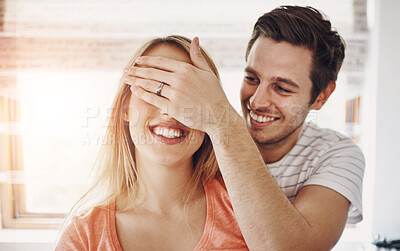 Buy stock photo Couple, hands and eyes closed for surprise in home, man and woman for support in marriage. Relationship, bonding and happy together for commitment, care and apartment for love with covered face