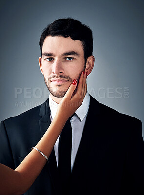 Buy stock photo Sexual harassment, businessman and hand of woman with portrait in studio, victim and silence on gray background. Corporate male person, anxiety or touch for secret, depression and advantage in office