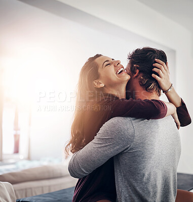 Buy stock photo Couple, hug and laughing in home kitchen with love, bonding and smile together with joy. Embrace, romance and happy people with marriage with care, trust and commitment in house with fun and joke