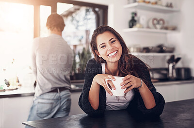 Buy stock photo Happy woman, coffee and portrait in kitchen with man, relax and comfort in house on vacation. Female person, smile and beverage on holiday with partner, leisure and enjoyment together in Spain