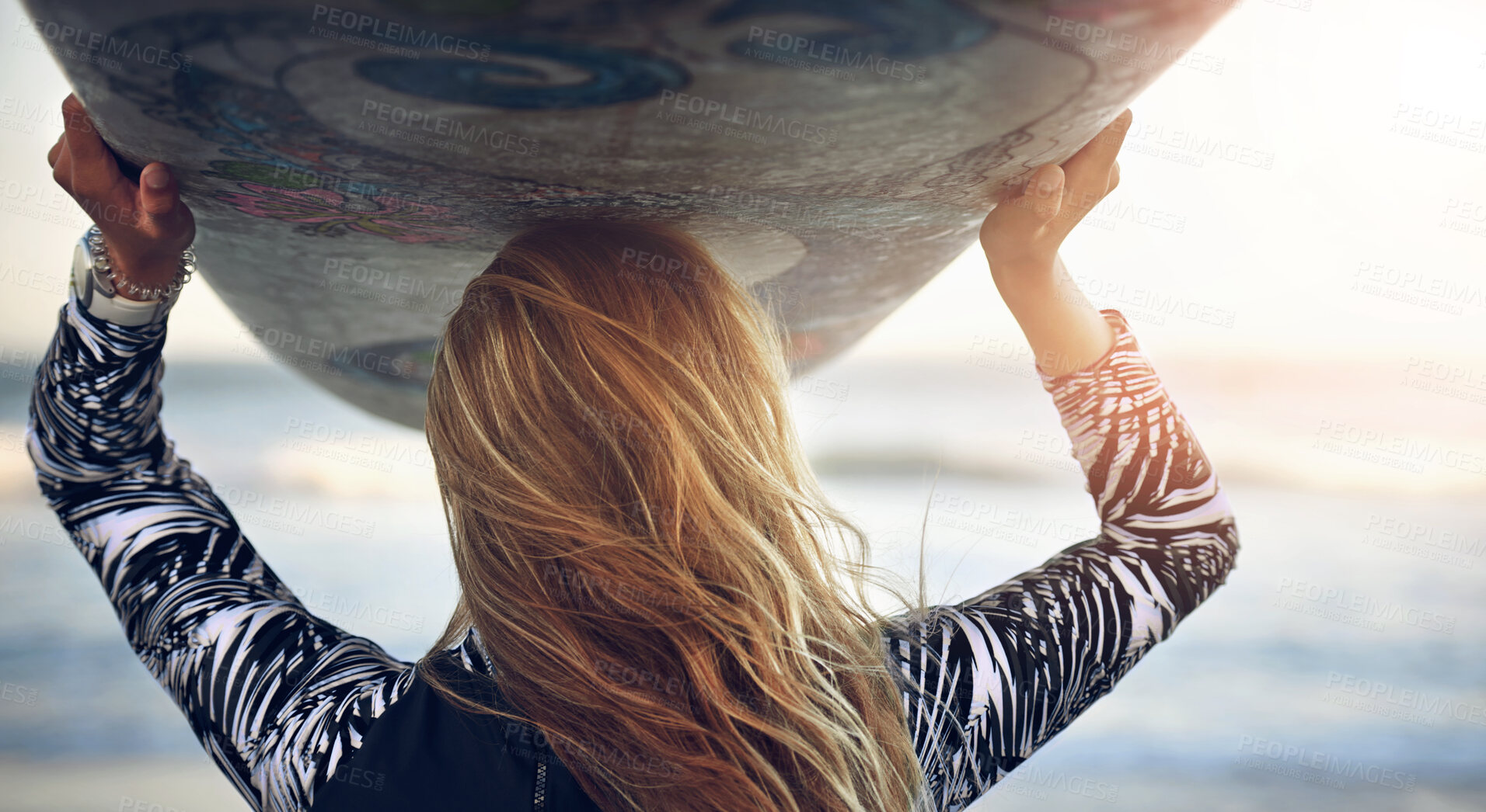 Buy stock photo Back, beach and woman with sunshine, surfer and fitness with challenge, vacation and getaway trip. Rear view, person and athlete with weekend break, training and seaside for fun, water and summer