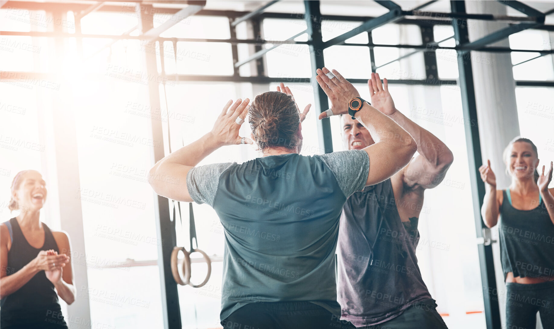 Buy stock photo Celebration, gym and team with high five, fitness and clapping for success, athlete and club for sports. Congratulations, happy and applause for exercise, practice and people together for workout