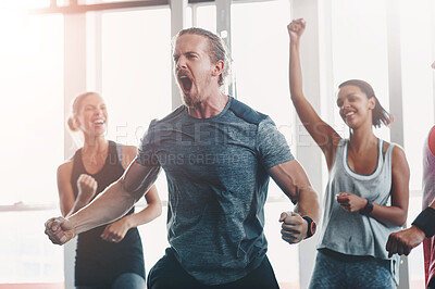 Buy stock photo Fitness, man and shout to celebrate success in exercise class, workout and training goals. Sports, people and happiness for power challenge, winner or performance achievement at health club or gym