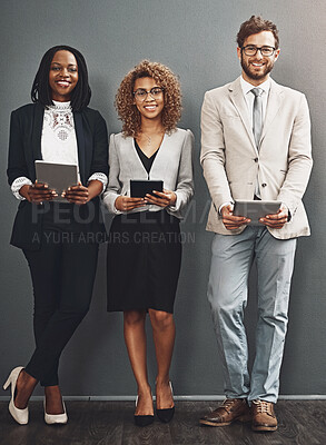 Buy stock photo Tablet, portrait and business people by office wall with line, smile and happy with tech. Human resources, professional and employee of company recruitment with onboarding, group and diversity at job