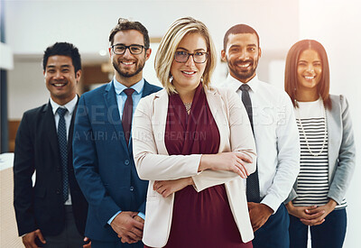 Buy stock photo Corporate, portrait and team with leadership, confidence and diversity in office for teamwork and trust. Law firm, collaboration and group of lawyer with experience for legal, justice and courtroom