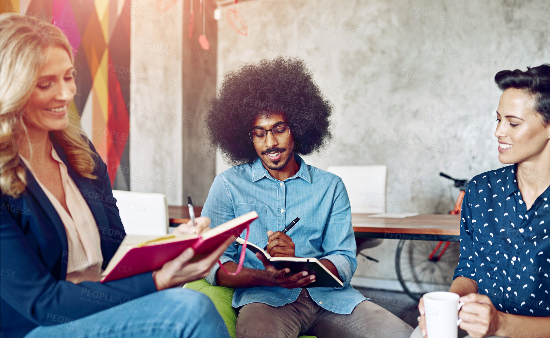 Buy stock photo People, teamwork or journalists writing notes in meeting for solution, conversation or discussion. Startup, writers and group of editors in workspace for planning, creative ideas and collaboration