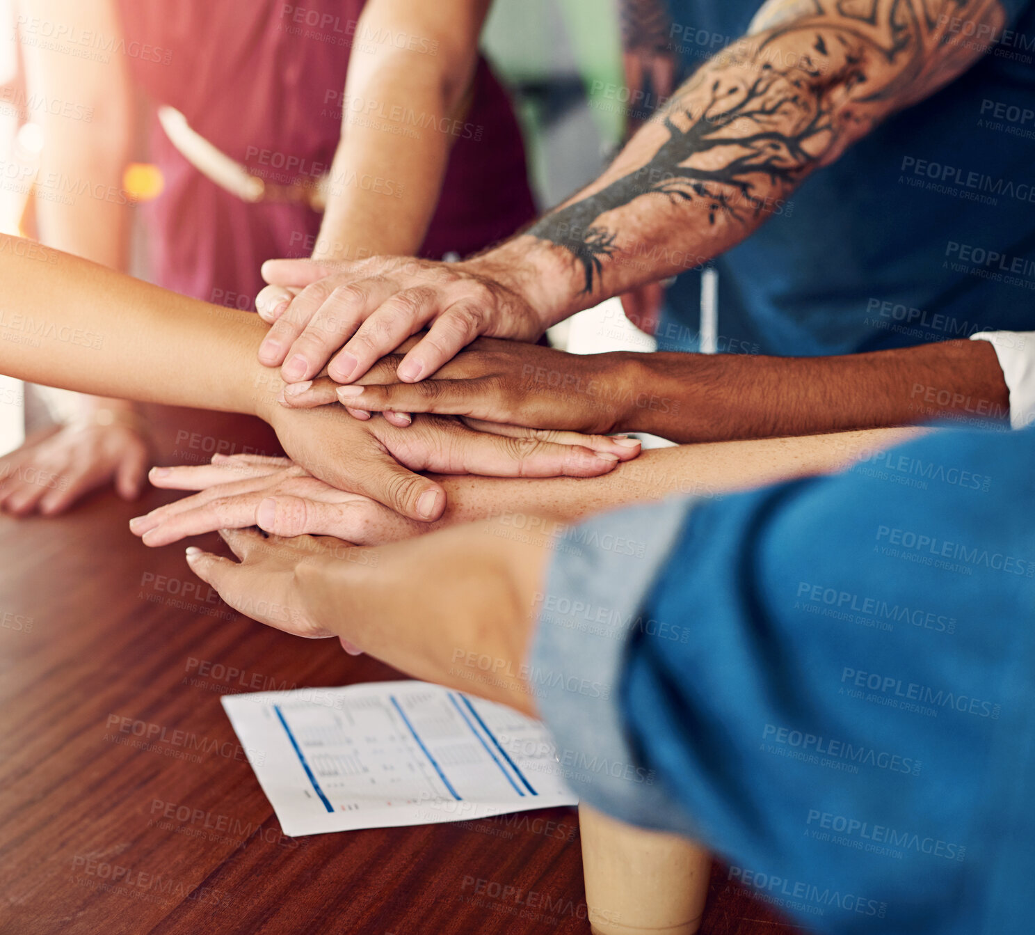 Buy stock photo Team building, hands together and business people in circle for collaboration, trust or support. Group, solidarity or huddle for success of community, celebrate or goal achievement closeup in startup