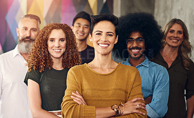 Buy stock photo Designer people, happy and confident portrait in office of creative agency, partnership and teamwork for startup group. Arms crossed, diversity and together for mission, dedication and company