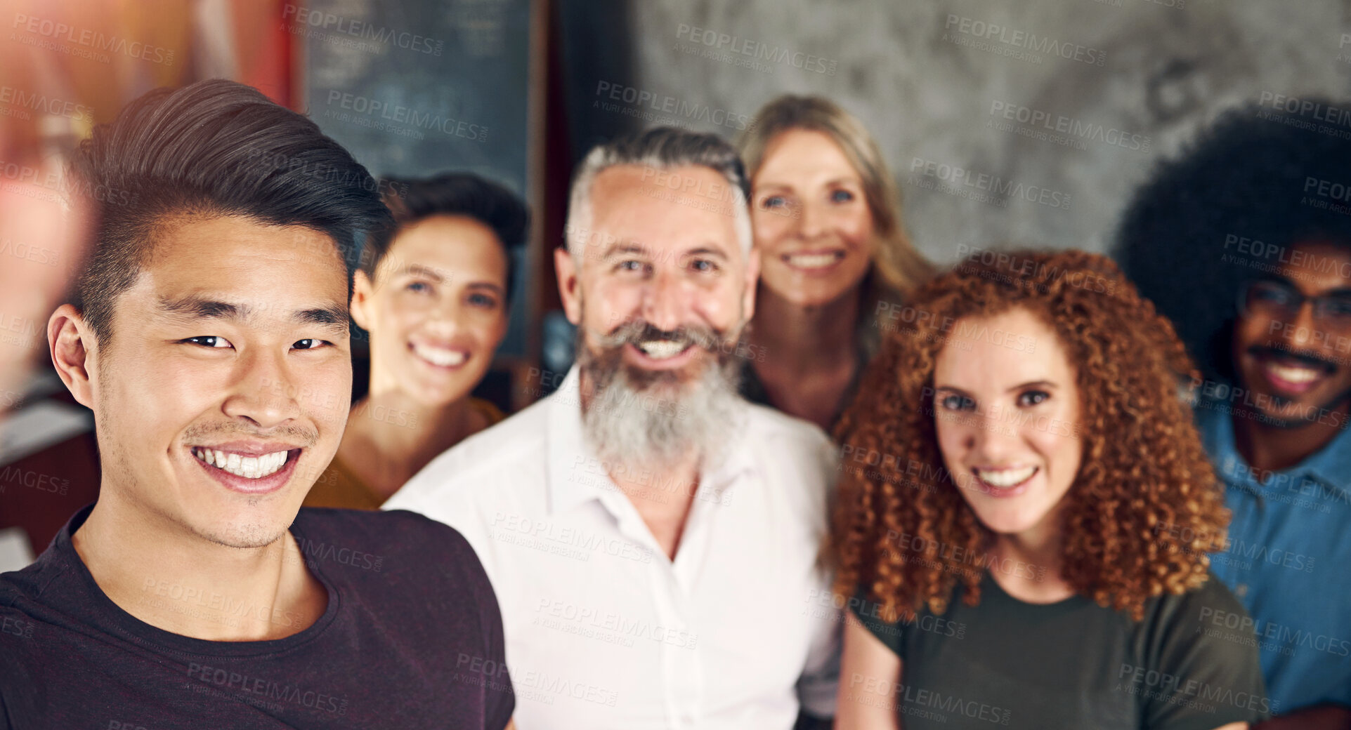 Buy stock photo Creative, people and smile for selfie, startup and photography for memory in company and networking. Happy, employees and executive in profile picture of business, website and writer in agency