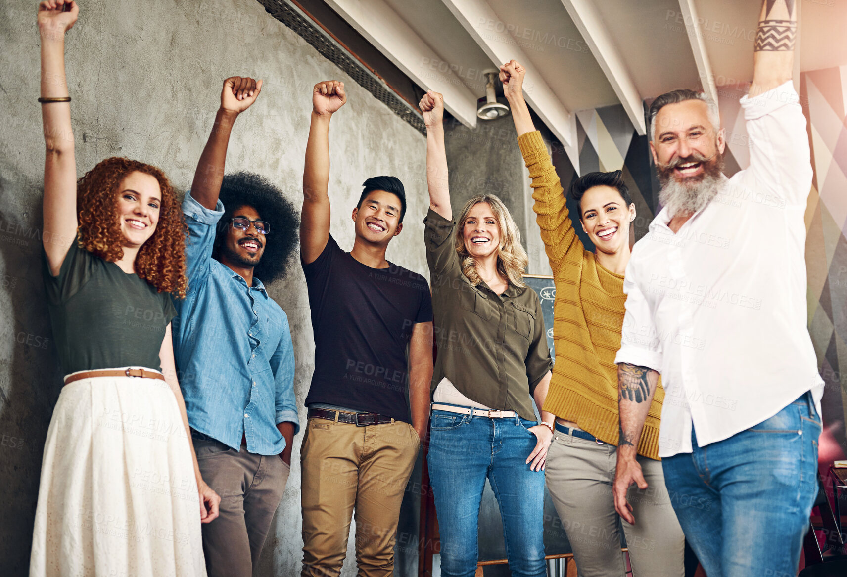 Buy stock photo Business team, portrait and fist with celebration in office for company growth and success with creative collaboration.  Happy, group and diversity corporate employees with achievement in workplace