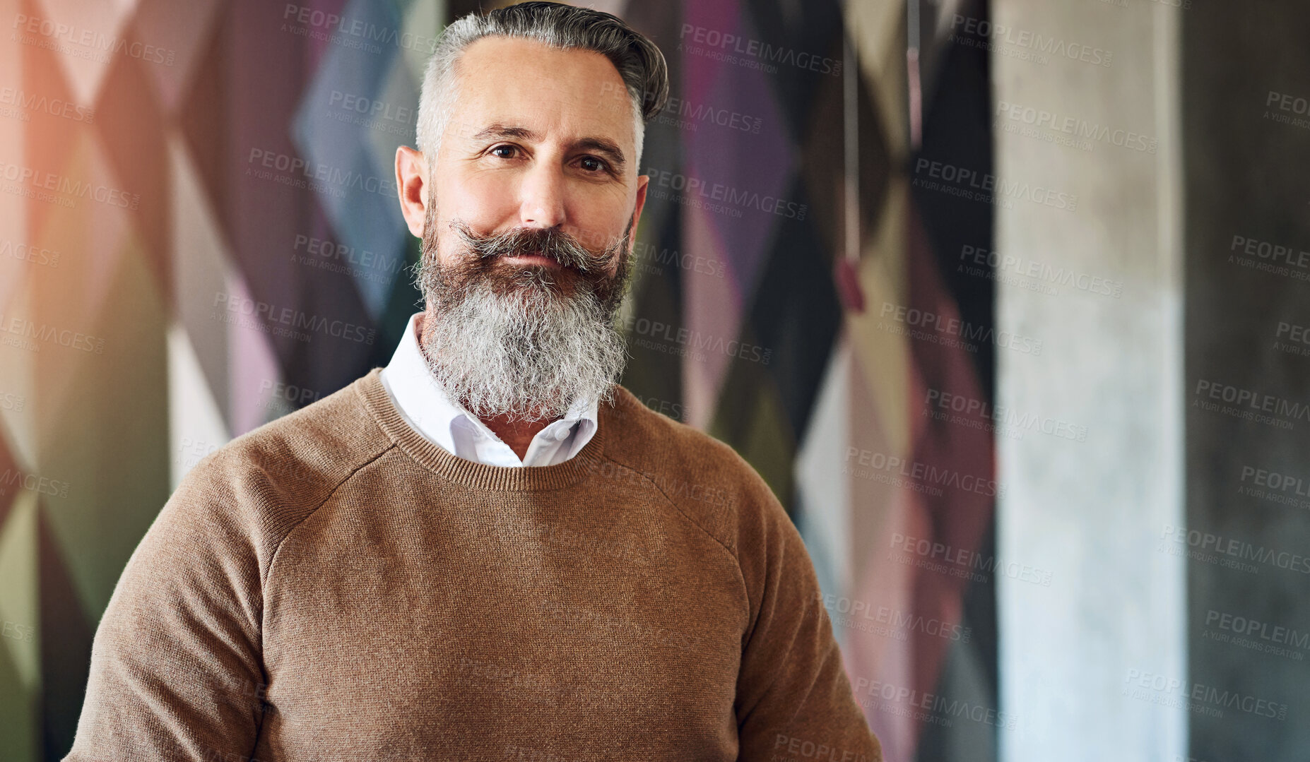 Buy stock photo Mature man, portrait and creative agency owner in office for startup, business or career development. Director, face and pride for growth, company and public relations of client by crisis management