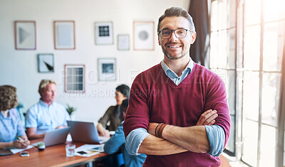 Buy stock photo Portrait, meeting and business man with arms crossed for teamwork and support for project management in office. Creative agency, confident and mature male manager with pride for staff collaboration