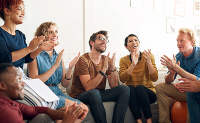 Buy stock photo Creative, business and people clapping or happy for target achievement, applause and presentation in workshop. Crowd, diverse group and smile or project success, celebration and web designer together