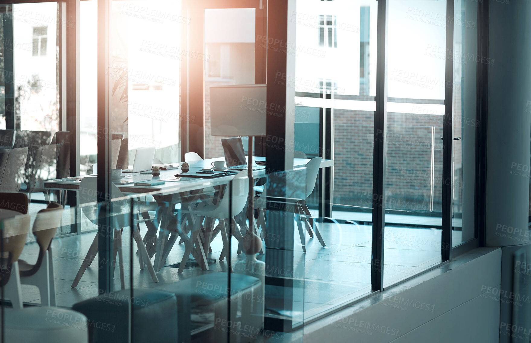 Buy stock photo Table, empty and chair for modern conference room, corporate and meeting boardroom in building. Vacant, furniture and seats for luxury office or workplace, interior and minimalist design with glass