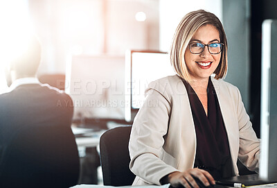 Buy stock photo Portrait, smile and businesswoman with glasses for work, computer and positive response in office. Happy person, corporate industry and report at desk for review, communication and research online