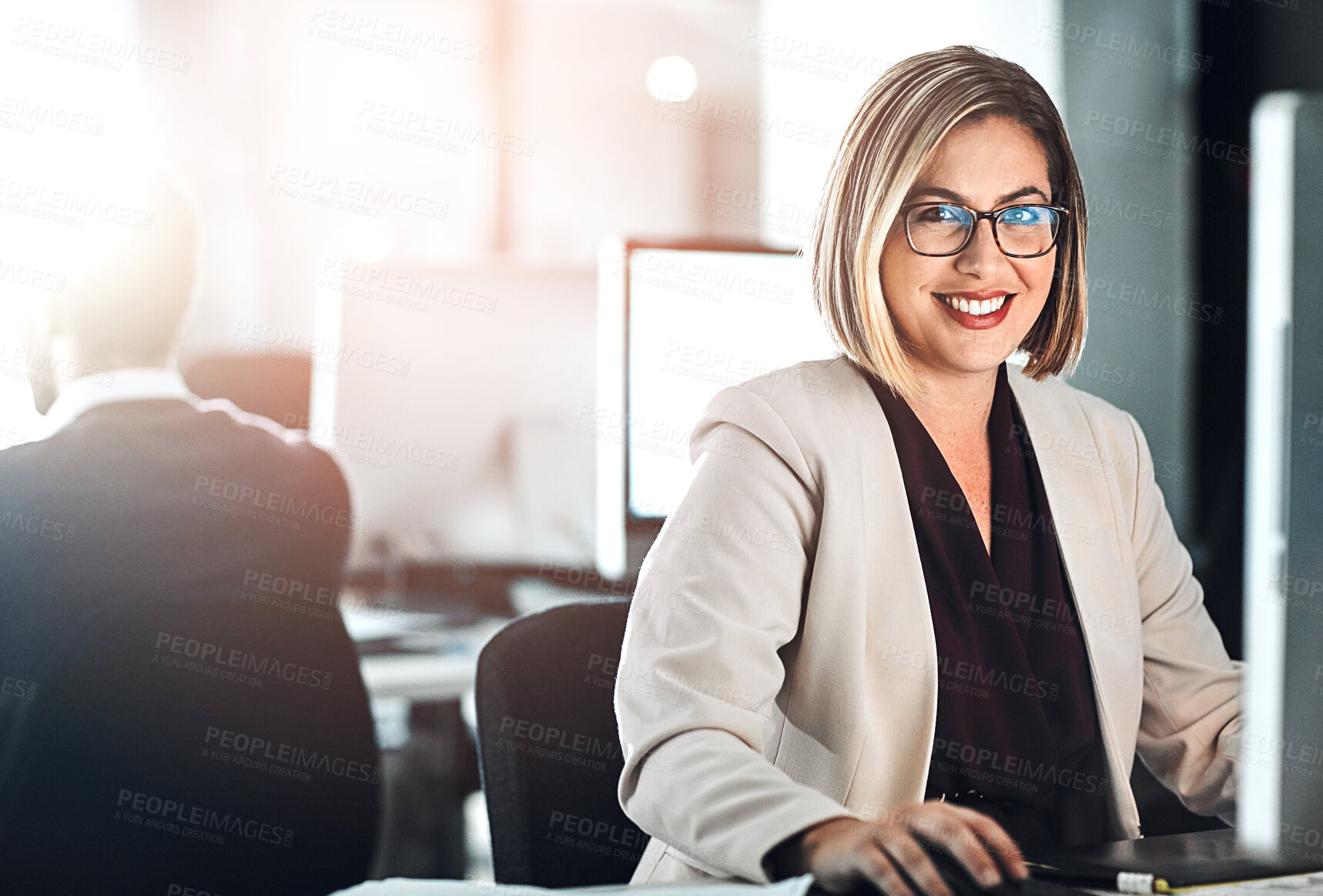 Buy stock photo Portrait, smile and businesswoman with glasses for work, computer and positive response in office. Happy person, corporate industry and report at desk for review, communication and research online