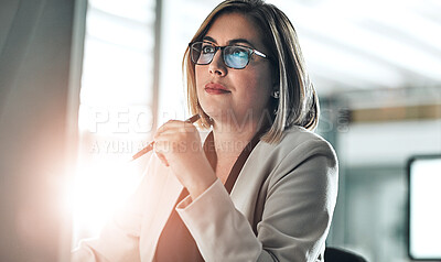 Buy stock photo Businesswoman, thinking and reading on computer for research, information and glasses in office. Female lawyer, idea and review details on internet for planning, legal advice and strategy for case