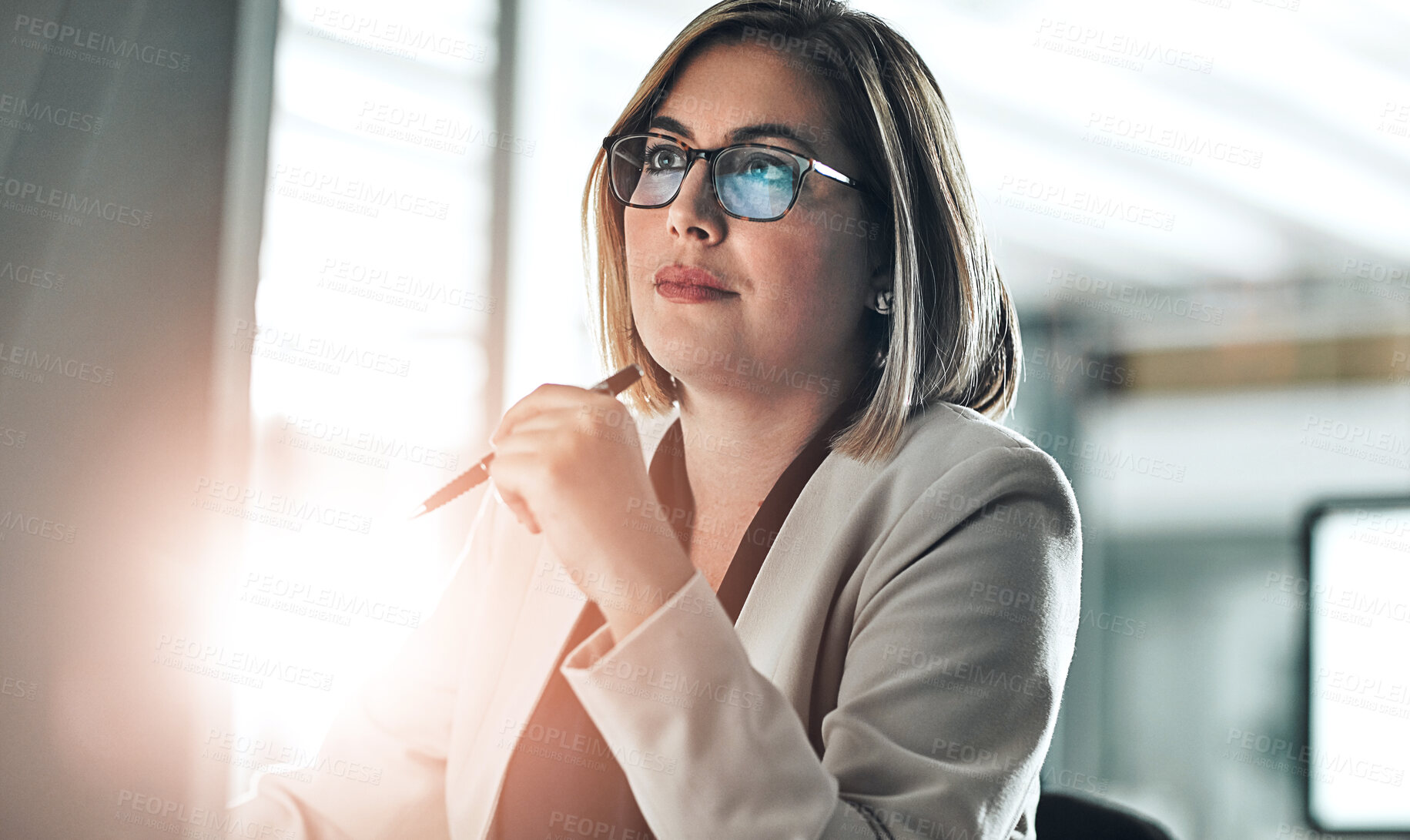 Buy stock photo Businesswoman, thinking and reading on computer for research, information and glasses in office. Female lawyer, idea and review details on internet for planning, legal advice and strategy for case