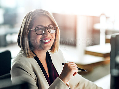 Buy stock photo Woman, glasses and office with reading on computer, smile for career with media or press. Female journalist, happiness and workplace with online search for news article, digital technology for report