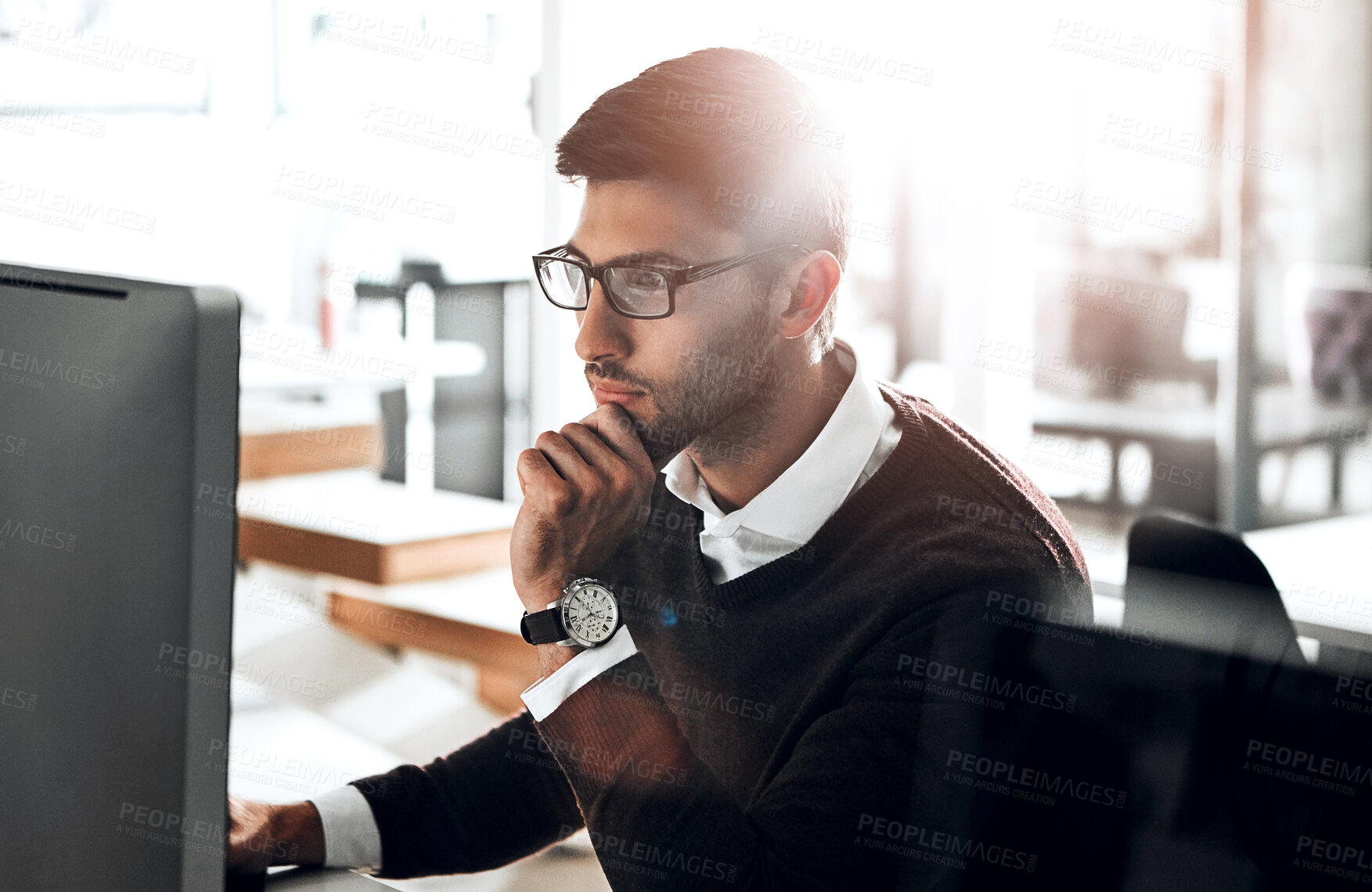 Buy stock photo Thinking, computer and businessman in office reading research of company policy review information. Ideas, technology and professional male attorney working on corporate legal case in workplace.