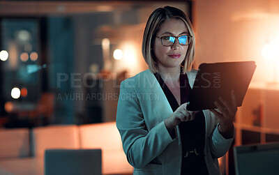 Buy stock photo Business woman, technology and working at night in office for company agenda, research and planning. Executive, tablet and reading email or report for corporate results, growth and revenue with data