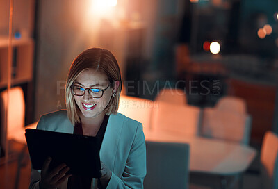 Buy stock photo Corporate woman, tablet and smile at night in office for company agenda, research and planning. Executive, technology and reading email or report for business results, growth and revenue with data